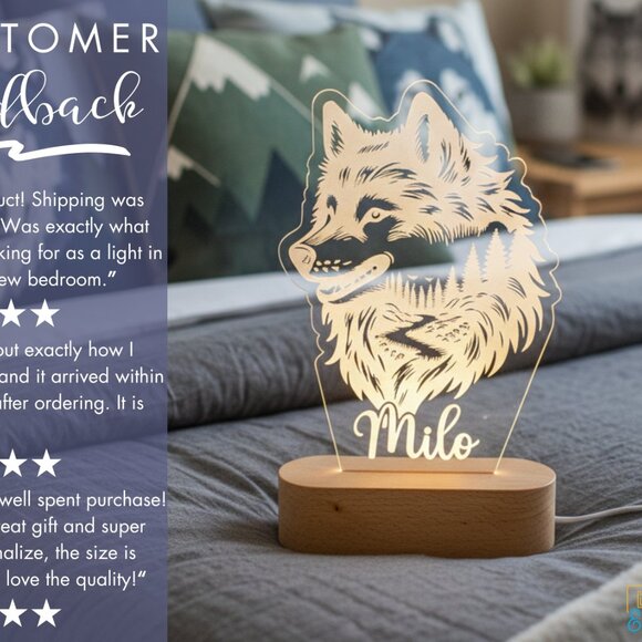 Wolf Night Light – Personalized LED Name Lamp for Kids Bedroom - Picture 7 of 8